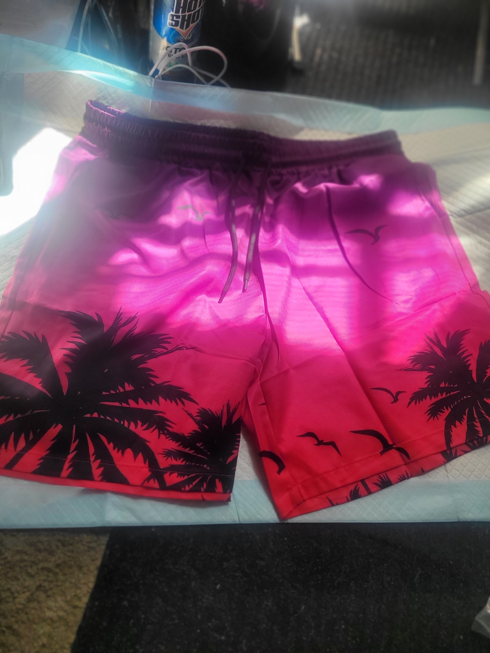 Men's 2 XL Swim Trunks - Pink Sunset Palm